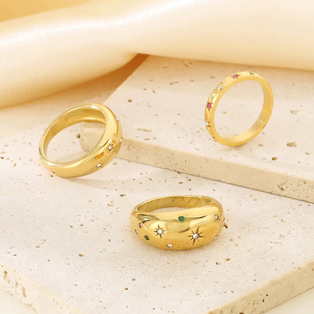 Bague Acier Inoxydable Étoile À Huit Branches Zircon Coloré Incrusté Bijoux Vintage Large Dôme Pour Femmes