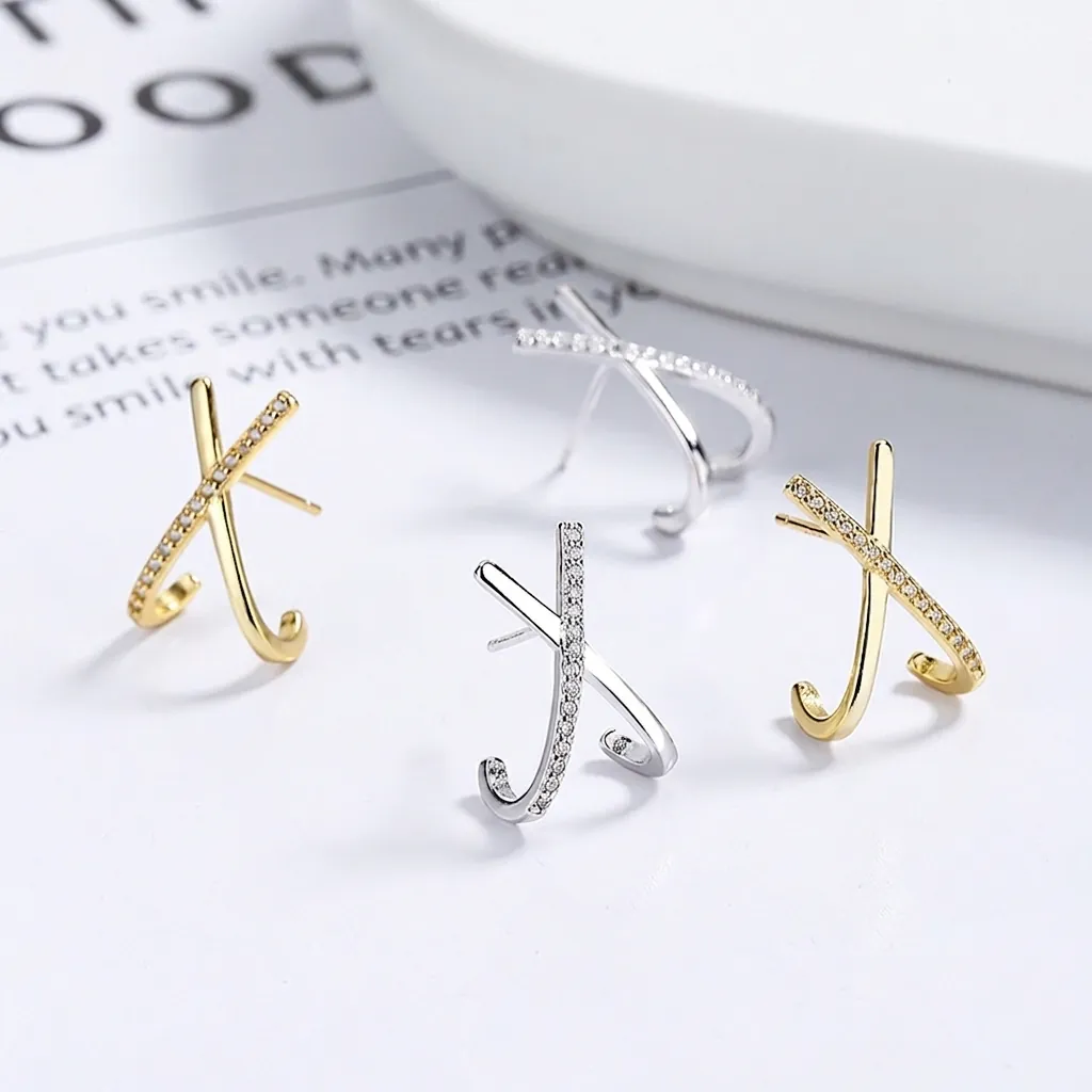 925 Sterling Silver X-Shape Crisscross Stud Earrings For Women Cubic Zirconia Micro-Pave Minimalist Light Luxury Jewelry