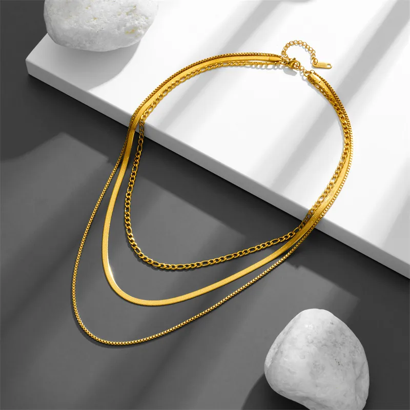 Layered Necklace Titanium Steel 18K Gold Plated Multi Layered Figaro Herringbone Box Chain Jewelry Women