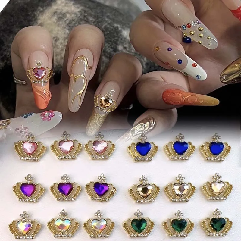 Crown Heart Nail Art Charms Luxury Alloy Sparkling Rhinestone Retro Style DIY Decoration For Women