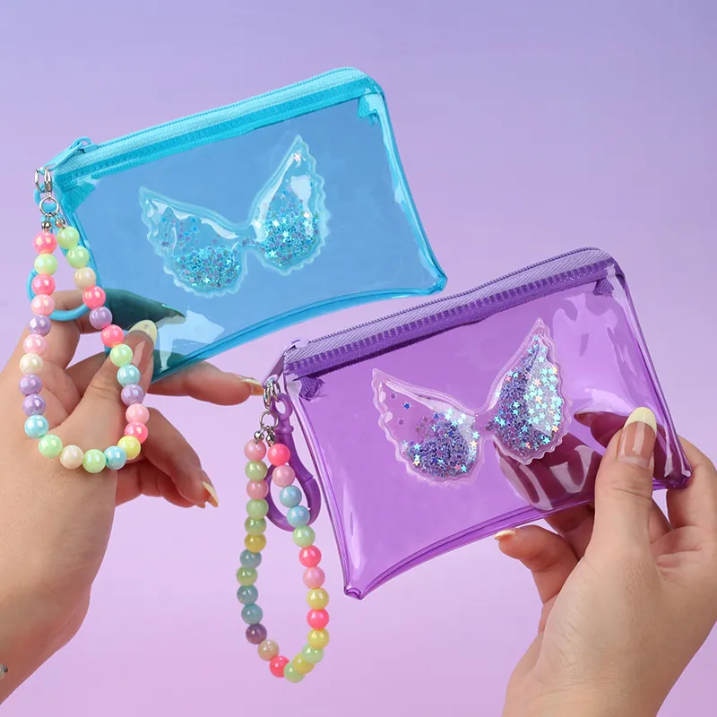 Transparent PVC Coin Purse With Wing Quicksand Sequins And Colorful Bead Chain Wristlet Keychain Bag Decor For Girls Women