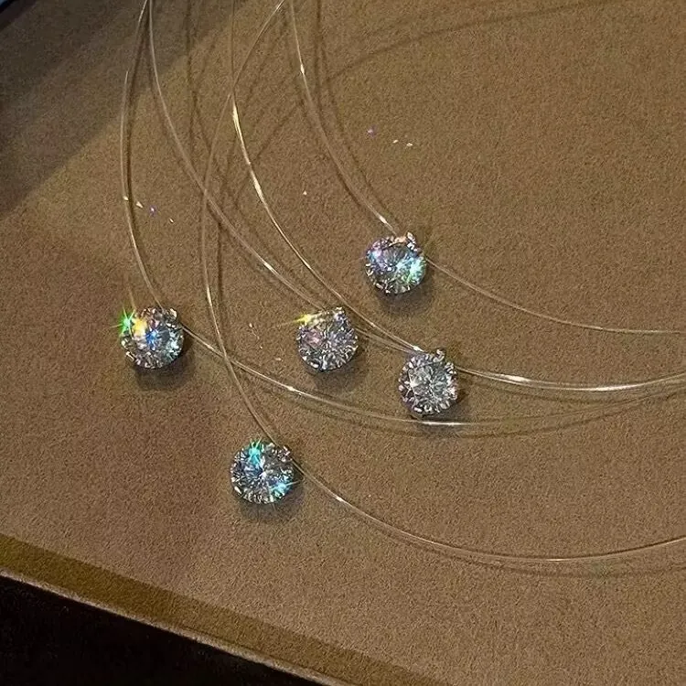 Collana Con Pendente In Zircone Tondo Rame Filo Da Pesca Invisibile Catena Da Clavicola Gioielli Minimalisti Per Donne