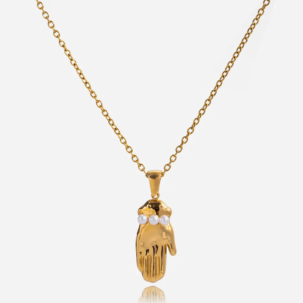 Collier Élégant En Acier Inoxydable Plaqué Or Avec Pendentif En Forme De Paume Et Künstliche Perles Bijoux Imperméables Hypoallergéniques Femmes