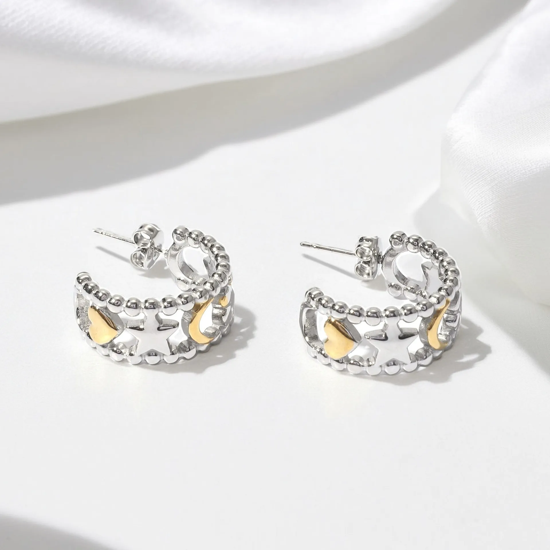 Stainless Steel Hoop Earrings 18K Gold Plated Hollow Star Moon Heart Geometric Tarnish Free Vintage Bohemian For Women