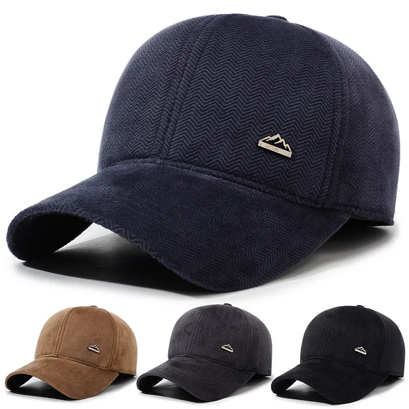 Men Winter Baseball Cap Herringbone Wool Blend Ear Protection Warm Windproof Adjustable Outdoor Hat