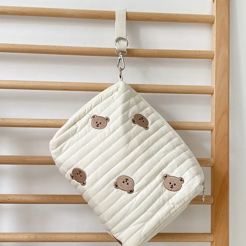 Quilted Cotton Stroller Hanging Bag Cartoon Embroidery Diaper Organizer Mommy Travel Portable Pouch For Baby