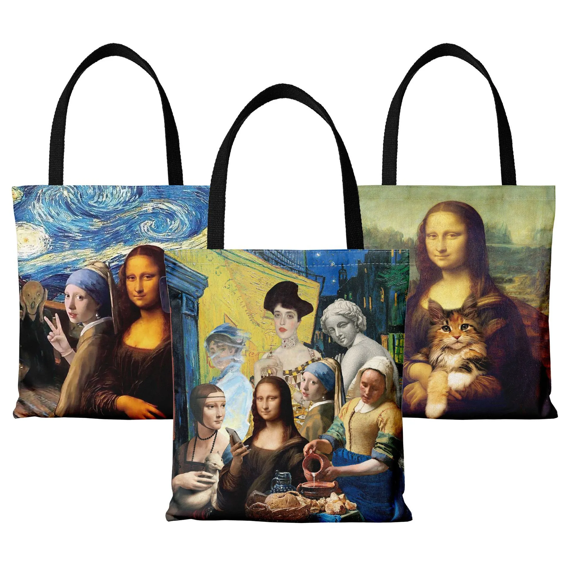 Canvas Tote Bag Funny Famous Painting Mona Lisa Van Gogh Print Artistic Shopping Handbag For Women