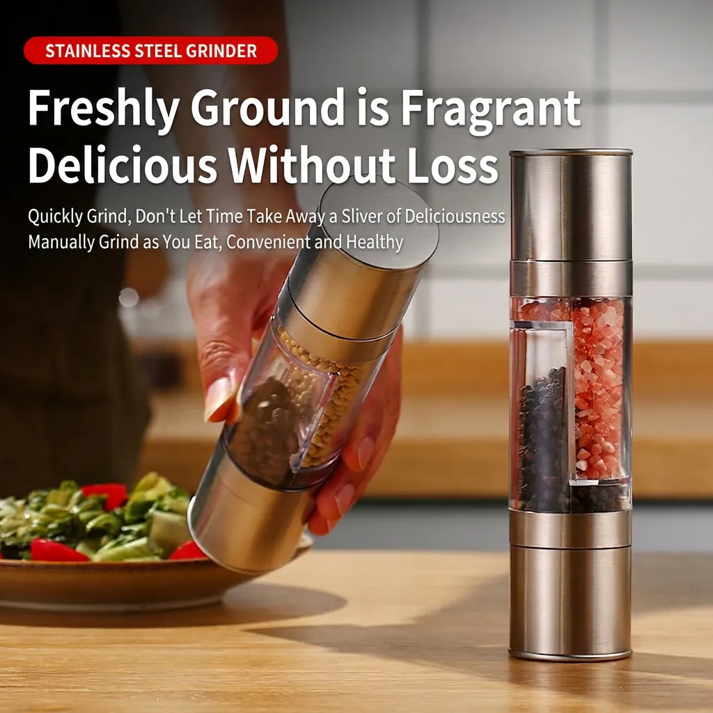 Double Ended Manual Spice Grinder Stainless Steel Adjustable Coarseness Salt And Pepper Mill Dual Chamber Kitchen Tool