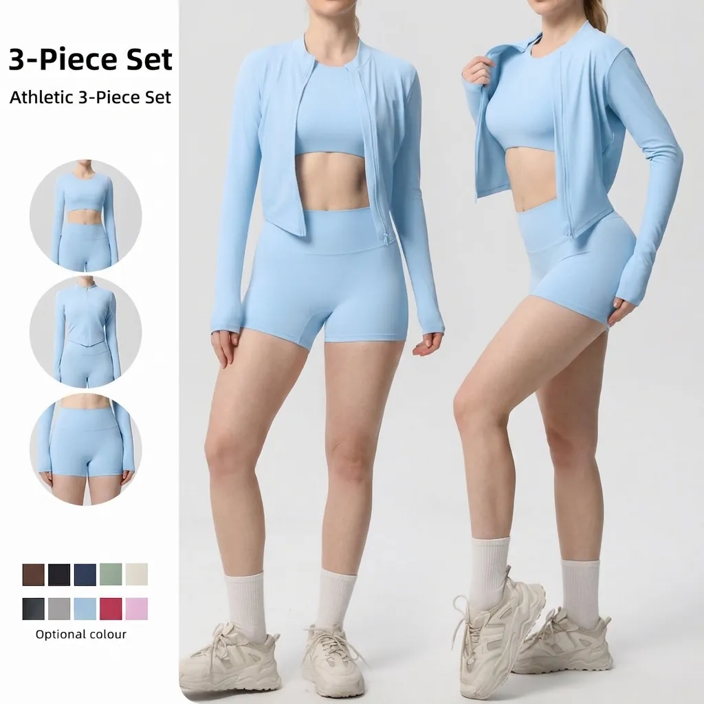 Ensemble de Sport Femme Yoga Fitness Top And Bottom Set Sensation Peau Nue Veste Zippée Manches Longues Brassière de Sport et Short Tenue de Fitness