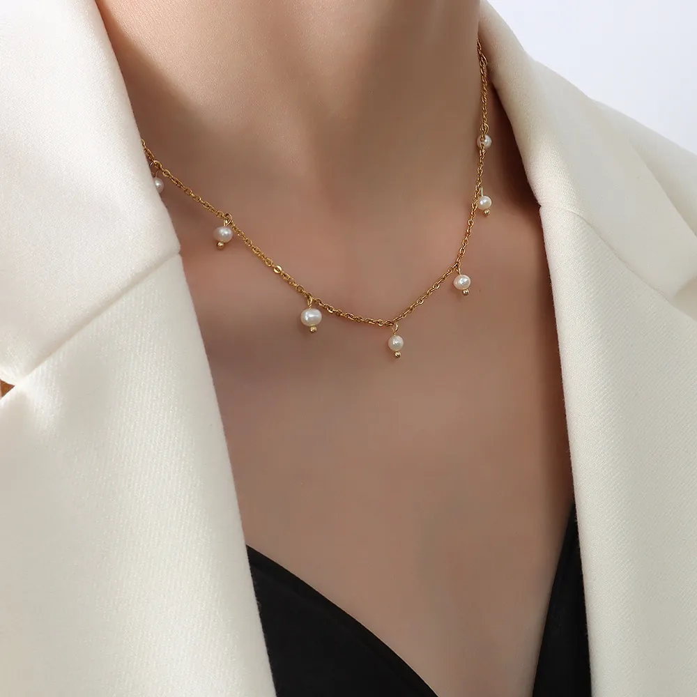 Elegant Oval Imitation Artificial Pearl Pendant Necklace Women 18K Gold Plated Stainless Steel O Chain Minimalist Jewelry