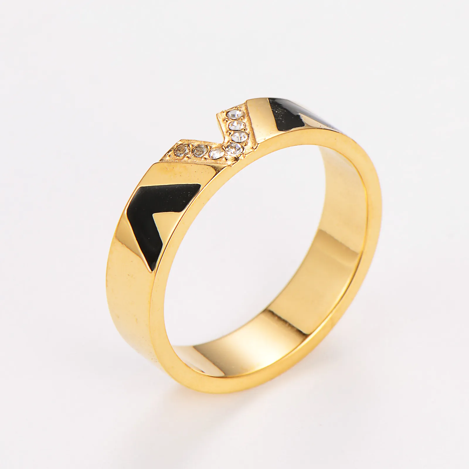Minimalist V-Shape Stainless Steel Ring With 18K Gold Plating Black Enamel And Inlaid Zircon Fashion Jewelry For Women