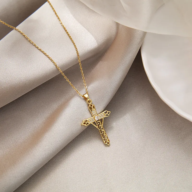 Hollow Cross Sword Pendant Necklace Gold Plated Stainless Steel With Zircon Inlaid Trendy Hip Hop Jewelry Unisex