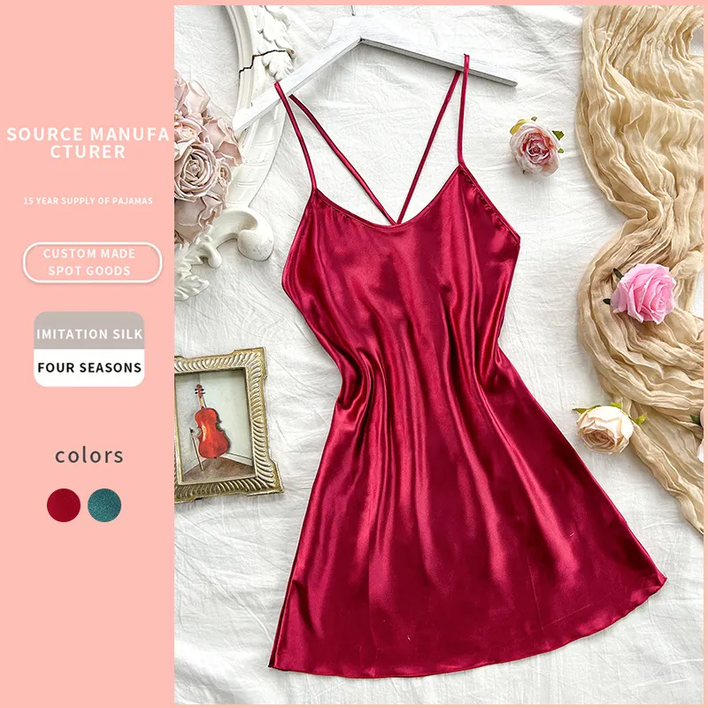 Women Satin Nightdress Imitation Satin Spaghetti Strap Sleepwear V-Neck Cross Back Breathable Sexy Slip Dress