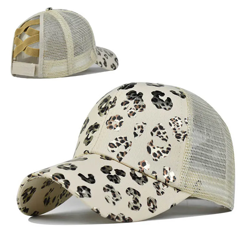 Casquette De Baseball Léopard Pour Femme Ouverture Queue De Cheval Filet Respirant Chapeau Camionneur Coton Polyester Réglable