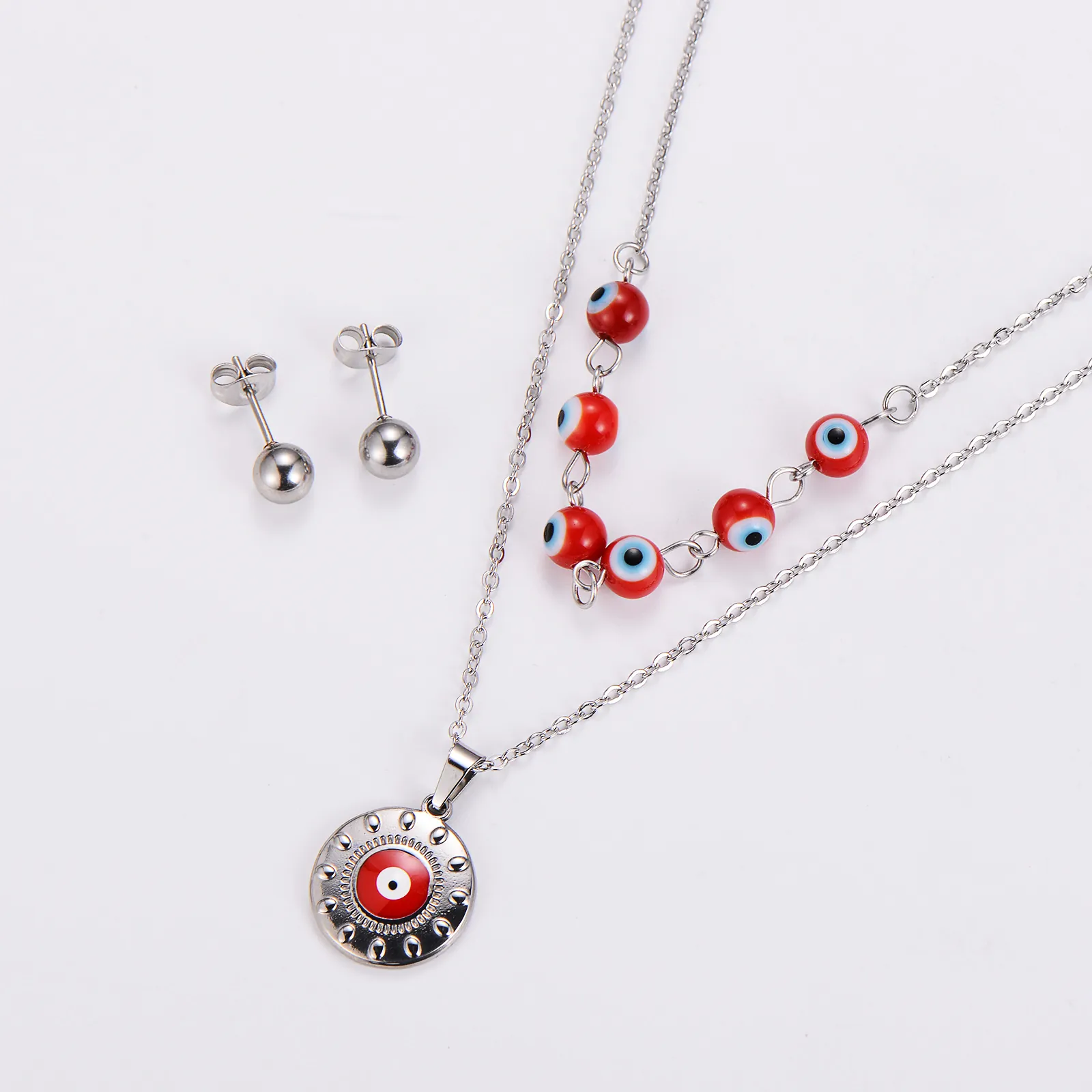 Mauvais Œil Acier Inoxydable 304 Collier Double Rang Pendentif Rond Boucles D'oreilles Clous Perle Mode Ethnique