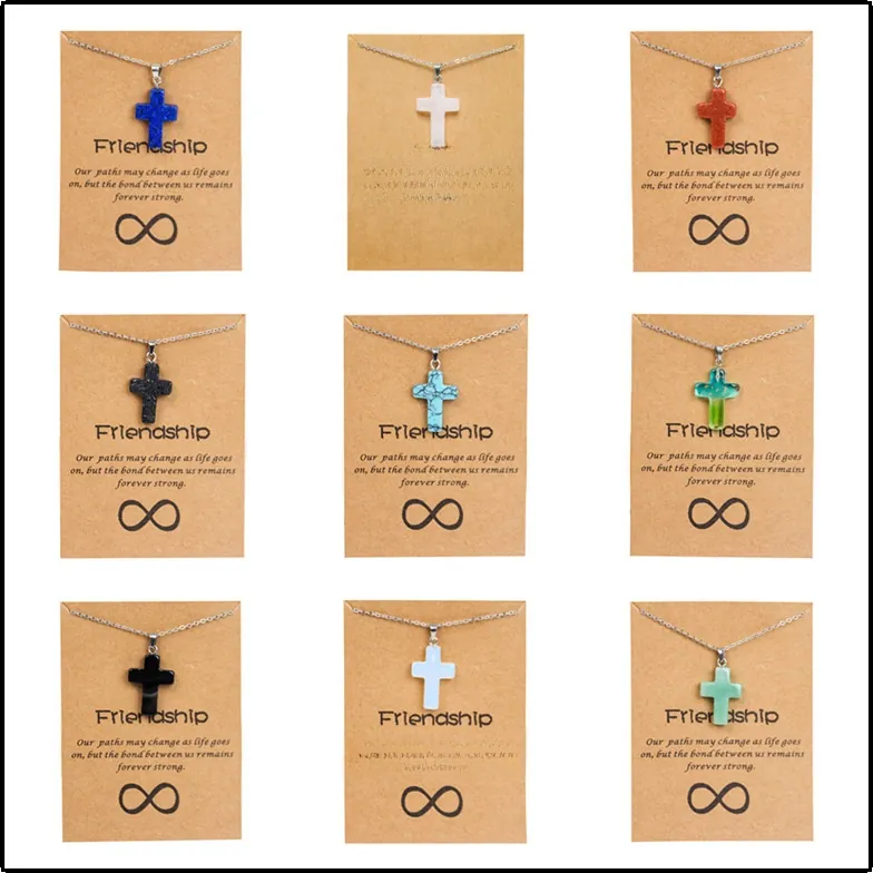 Collier Pendentif Croix Avec Pierre Naturelle Chaîne En Acier Inoxydable Carte D'amitié Cadeau Pour Femmes Et Hommes
