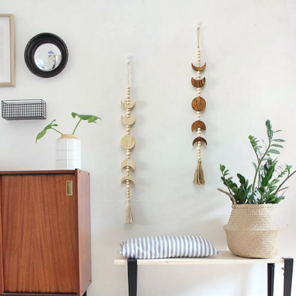 Decorazione Da Parete Fasi Lunari Perle In Legno Con Nappine In Cotone Arredamento Boho Per Soggiorno Camera Estetica Retro Naturale
