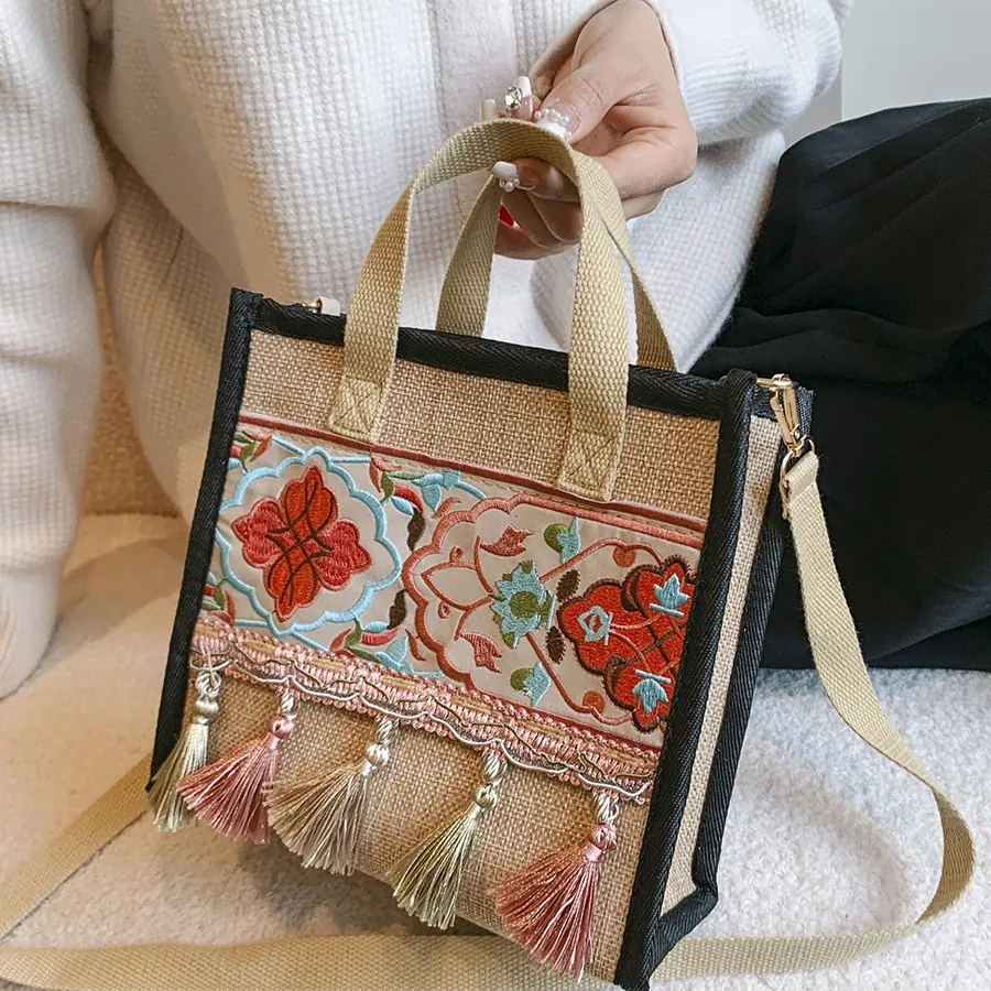 Ethnic Style Embroidered Tote Bag With Tassels Linen Burlap Floral Pattern Vintage Bohemian Shoulder Crossbody Handbag