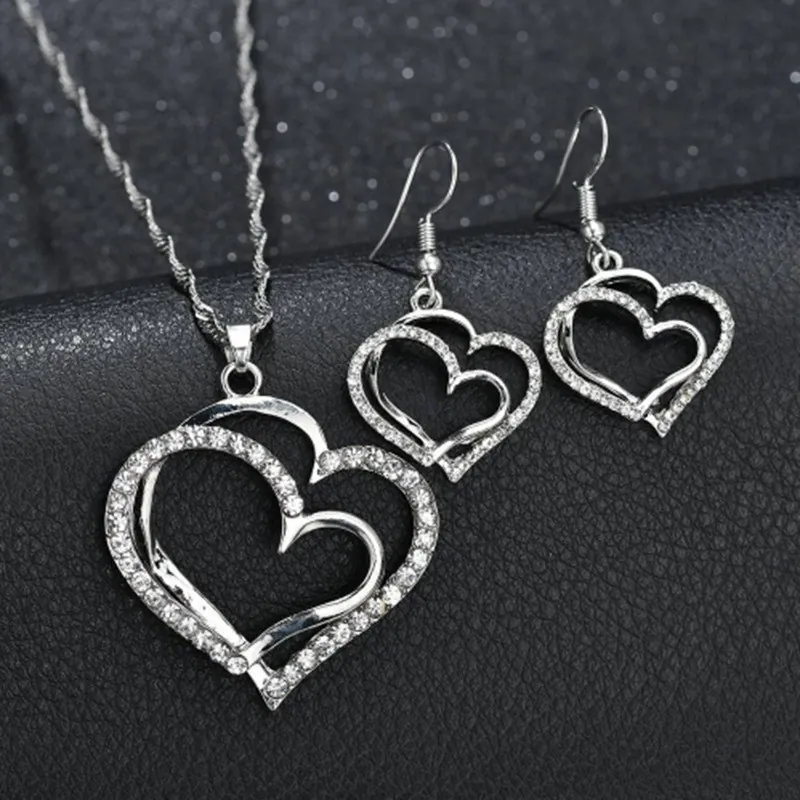 Heart Necklace Earrings Jewelry Set Alloy Rhinestone Double Hollow Heart Design For Women Elegant Sparkling