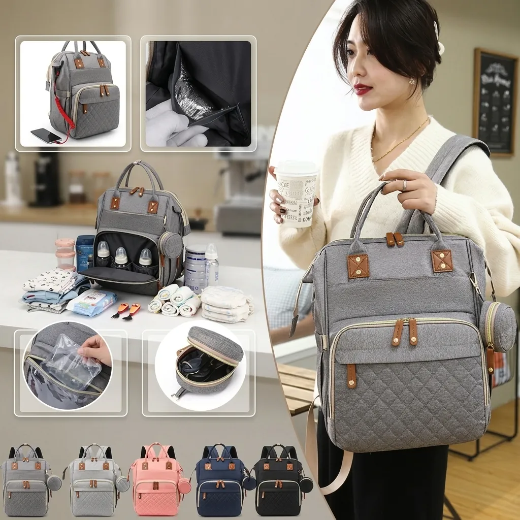 Diaper Bag Backpack With Portable Baby Crib Folding Travel Bed Multi Functional Waterproof Quilted Oxford Cloth