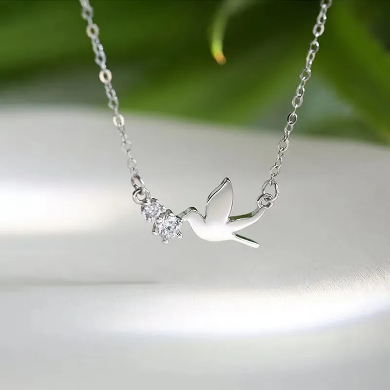 S925 Sterling Silver Dove Bird Pendant Necklace For Women Rhinestone Peace Dove Animal Necklaces Minimalist Sweet Jewelry