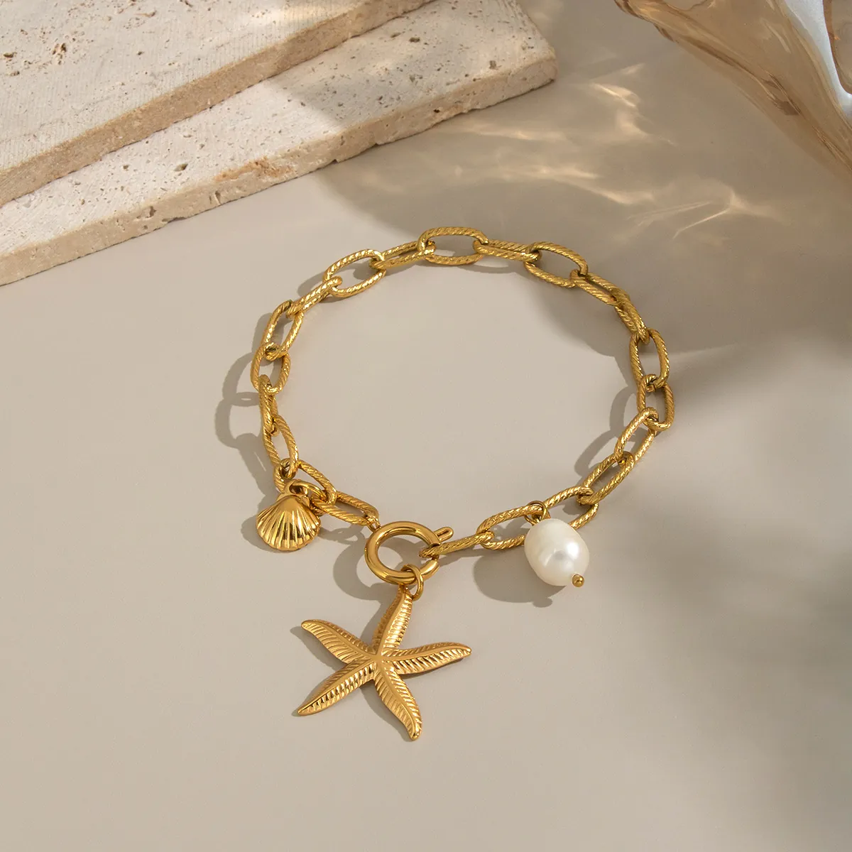Bracelet Étoile De Mer Coquillage Künstliche Perle Acier Inoxydable Imperméable Hypoallergénique Style Océan Bijoux Pour Femmes