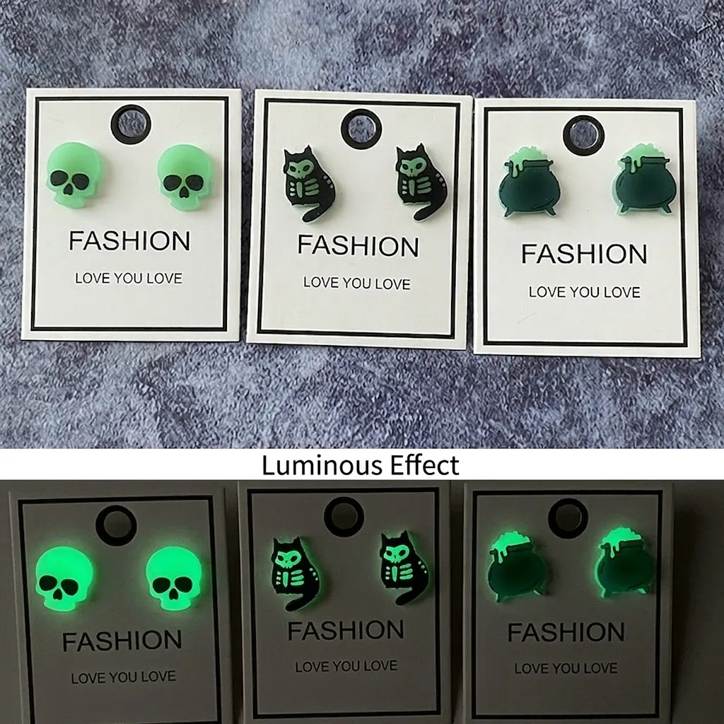Halloween Luminous Stud Earrings Acrylic With Stainless Steel Earring Post Spooky Witch Cauldron Ghost Cat Glow In Dark Jewelry