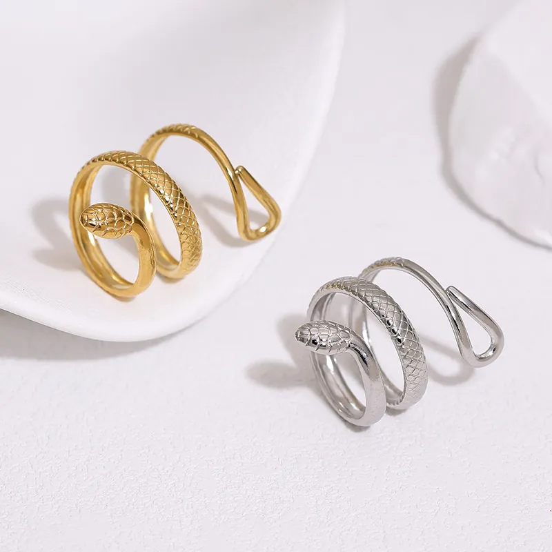 Bague Serpent Acier Inoxydable Plaqué Or 18K Ajustable Spirale Ouverte Bijoux Mode Punk Pour Femmes