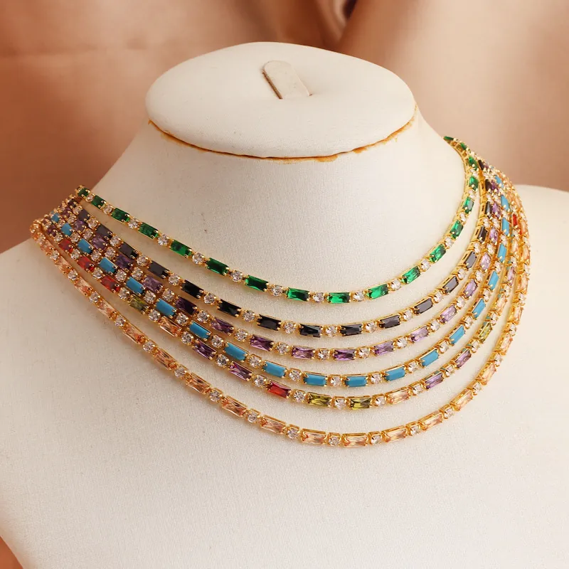 Colored Zircon Tennis Necklace Copper 18K Gold Plated Emerald Cut Rectangular Round Stones Choker Jewelry For Women