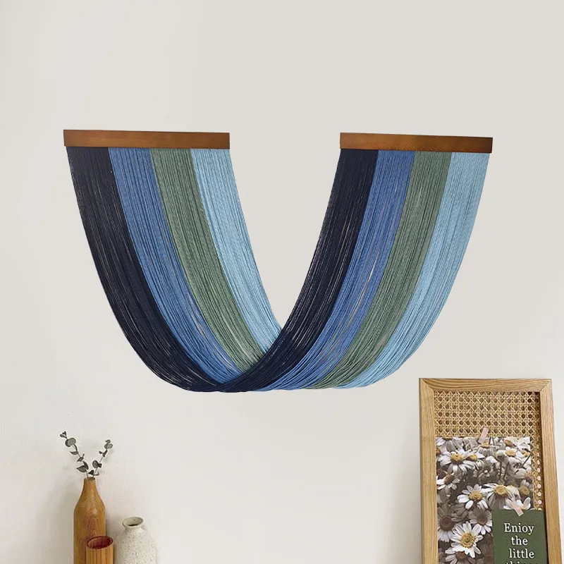 Hand Woven Cotton Macrame Wall Hanging Gradient Color Tassel Tapestry With Wood Rod Bohemian Home Decor