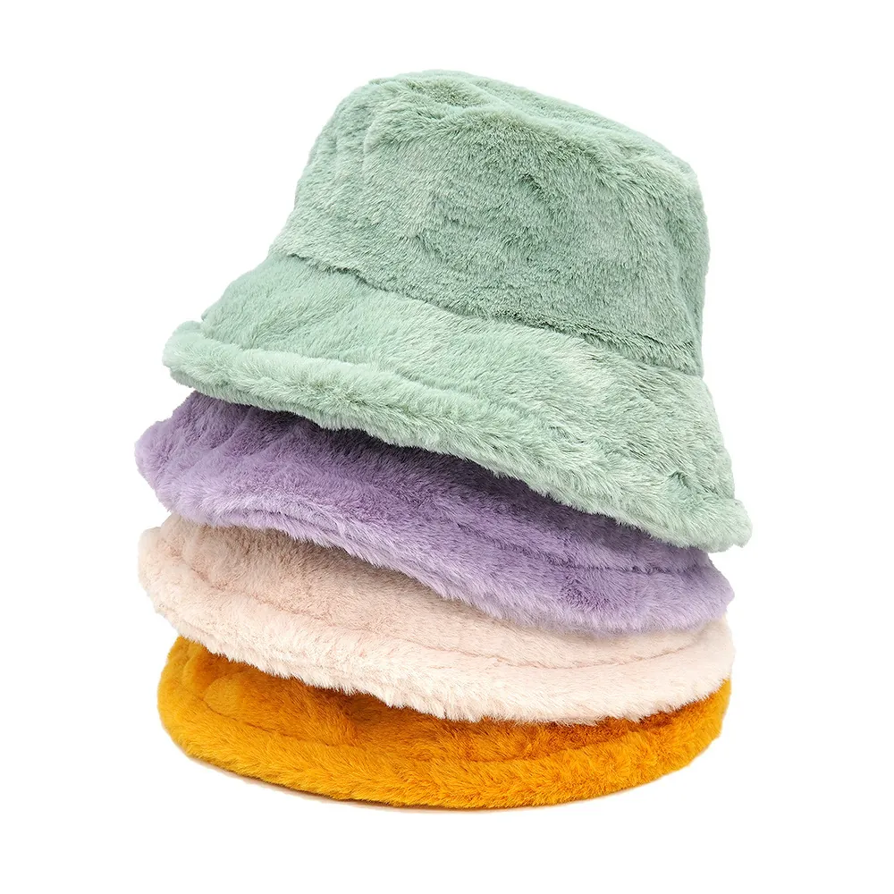 Women's Winter Thickened Plush Bucket Hat Warm Faux Rabbit Fur Solid Color Basin Hat Japanese Style Casual Outdoor Accessory