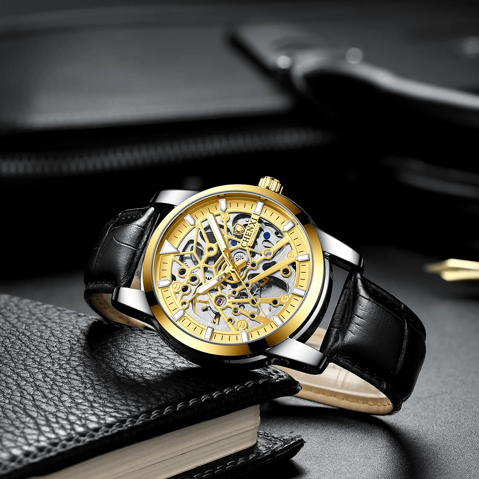 Men Automatic Mechanical Watch Skeleton Dial Luminous Waterproof Business Leather Strap Luxury Wristwatch Elegant Gift