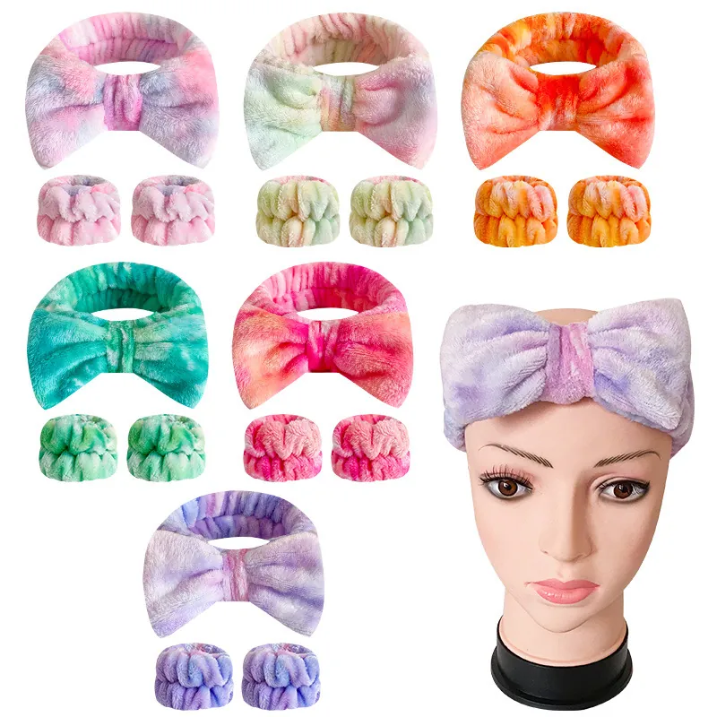 Tie Dye Face Washing Headband And Wristbands Plush Coral Fleece Gradient Bowknot For Skincare SPA Makeup