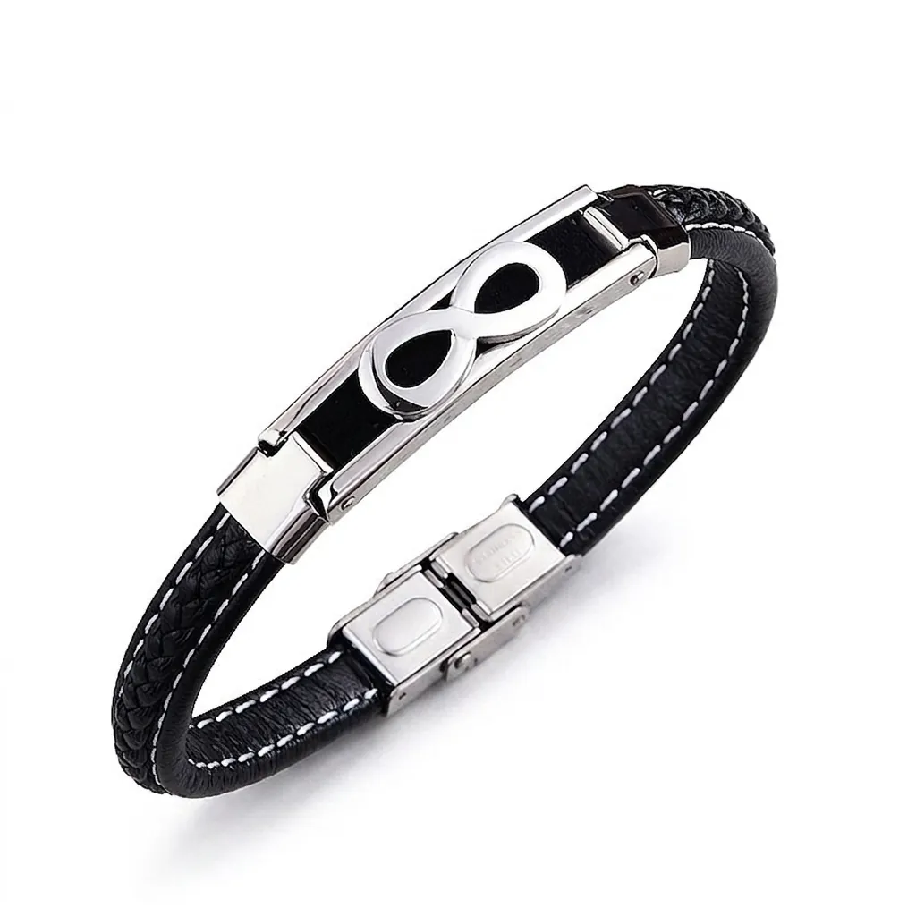 Men Braided Leather Bracelet With Stainless Steel Infinity Skull Yin Yang Symbol Charm Fashion Retro Wristband Jewelry