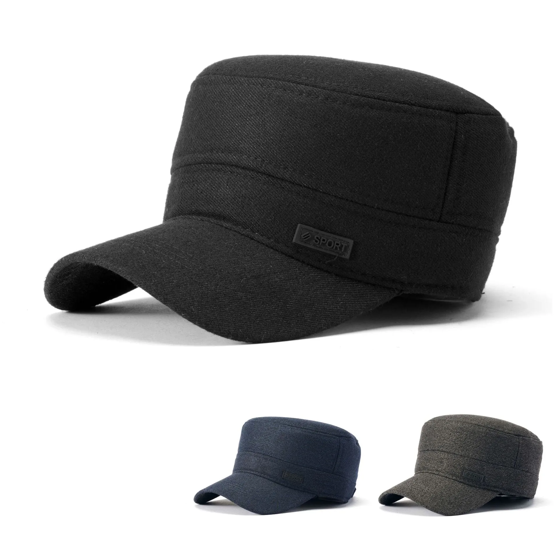 Men Cadet Cap Flat Top Hat Winter Warm Thickened Fleece Windproof Outdoor Casual Sport