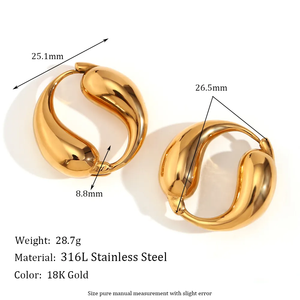 Chunky Teardrop Hoop Earrings 316L Stainless Steel 18K Gold Plated Smooth Water Drop Geometric Jewelry For Women