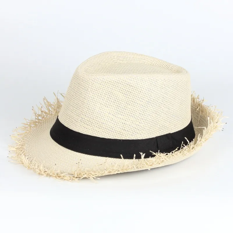Sombrero Fedora De Paja Borde Deshilachado Tejido Verano Protección Solar Playa Jazz Con Banda Negra