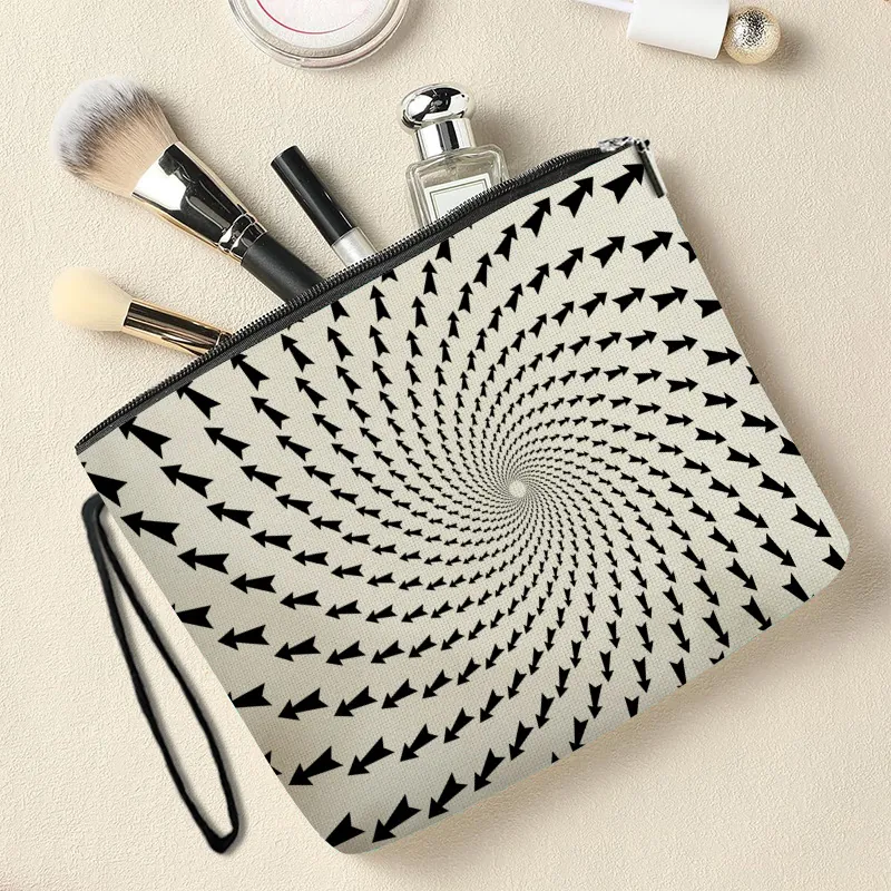 Trousse De Maquillage En Lin Motif Géométrique Pochette Cosmétique Fermeture Éclair Dragonne Organisateur De Voyage Pour Femmes