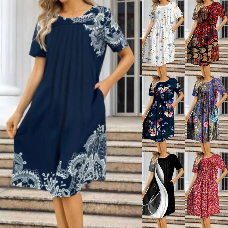 Robe Midi Décontractée à Manches Courtes Col Rond Avec Poches Grande Taille Été Bohème Imprimé Floral Coupe Trapèze