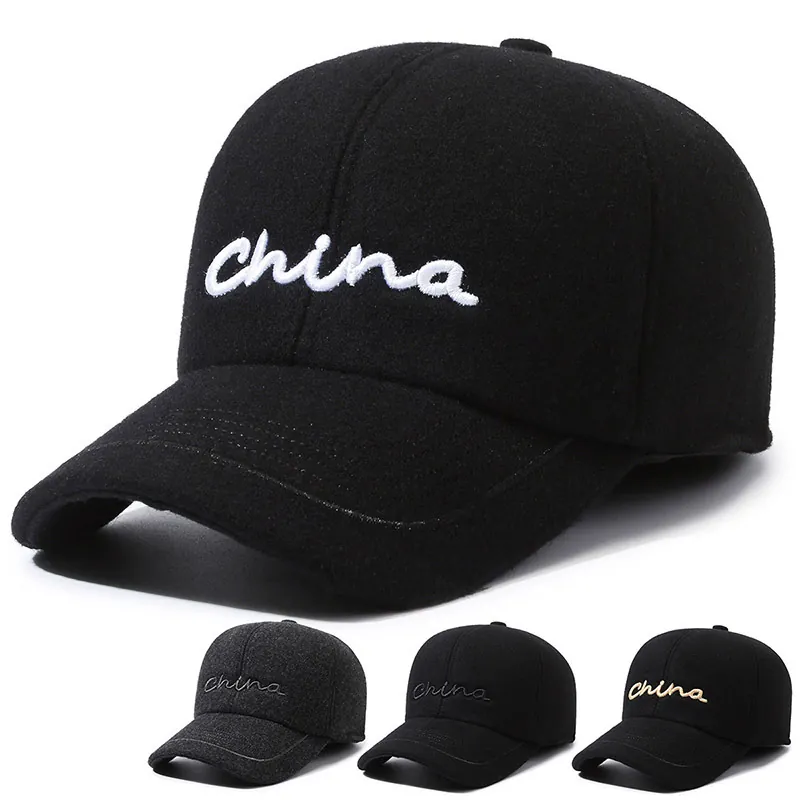 Men Winter Baseball Cap Woolen Warm Hat With Ear Flaps Windproof Adjustable Embroidery Casual Outdoor Headwear