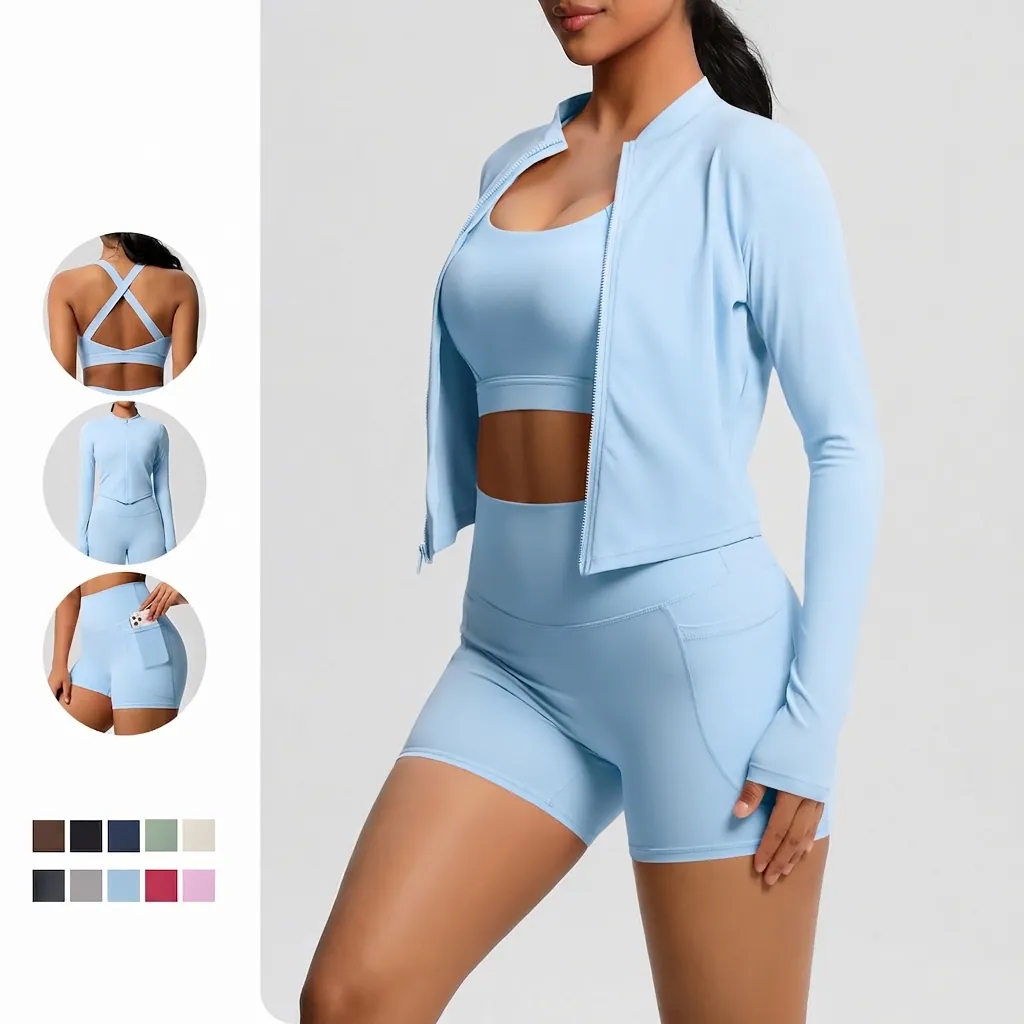 Tenue de Yoga pour Femmes Soutien Gorge de Sport Veste Zippée et Short à Taille Haute avec Poches Ensemble de Sport