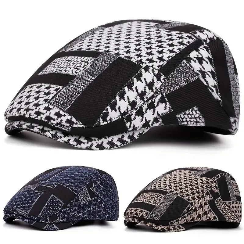 Vintage Houndstooth Flat Cap British Style Patchwork Ivy Hat Cotton Blend Warm Newsboy Cap For Men Women Autumn Winter