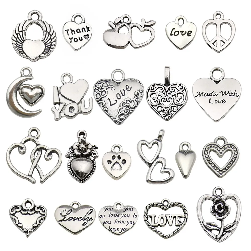 Vintage Antique Silver Zinc Alloy Heart Shaped Pendants Hollow Love Letter Flower Wings Charms For DIY Jewelry Making