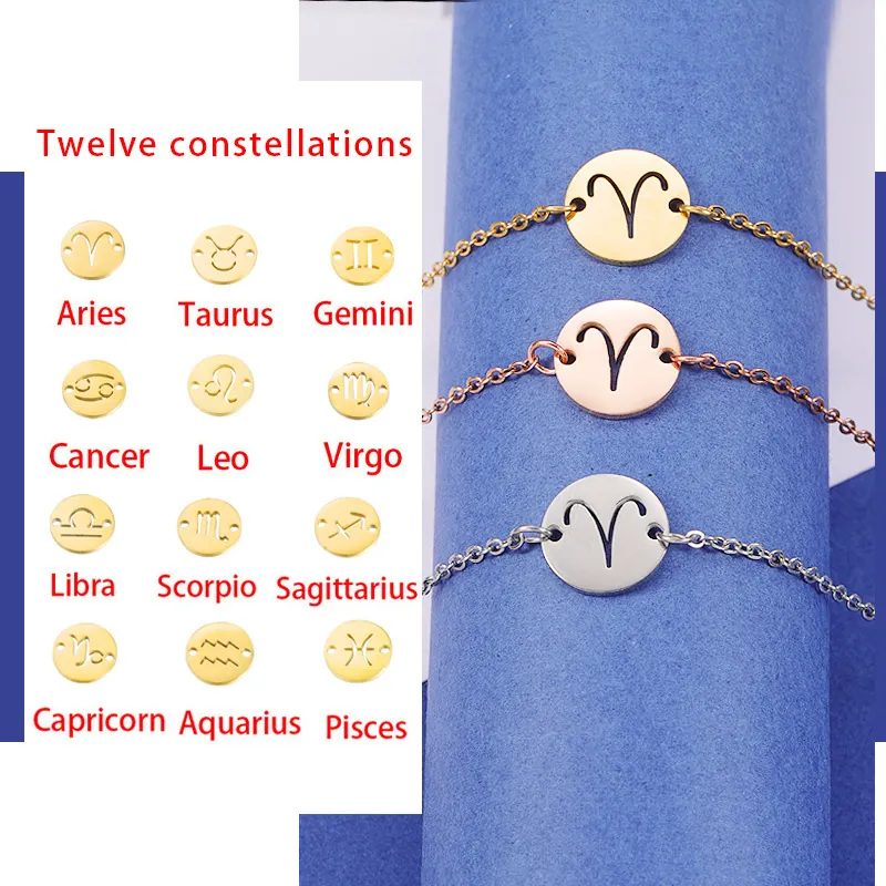 Bracelet Zodiaque Acier Inoxydable Rond Creux Pendentif Constellation Ajustable Poli Miroir Bijoux Horoscope Femmes Hommes