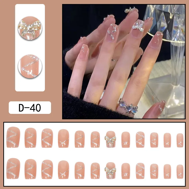 Nude Pink Gradient Press On Nails With 3D Rhinestone Bow And Faux Artificial Pearls Elegant French Square Shape Long False Nails