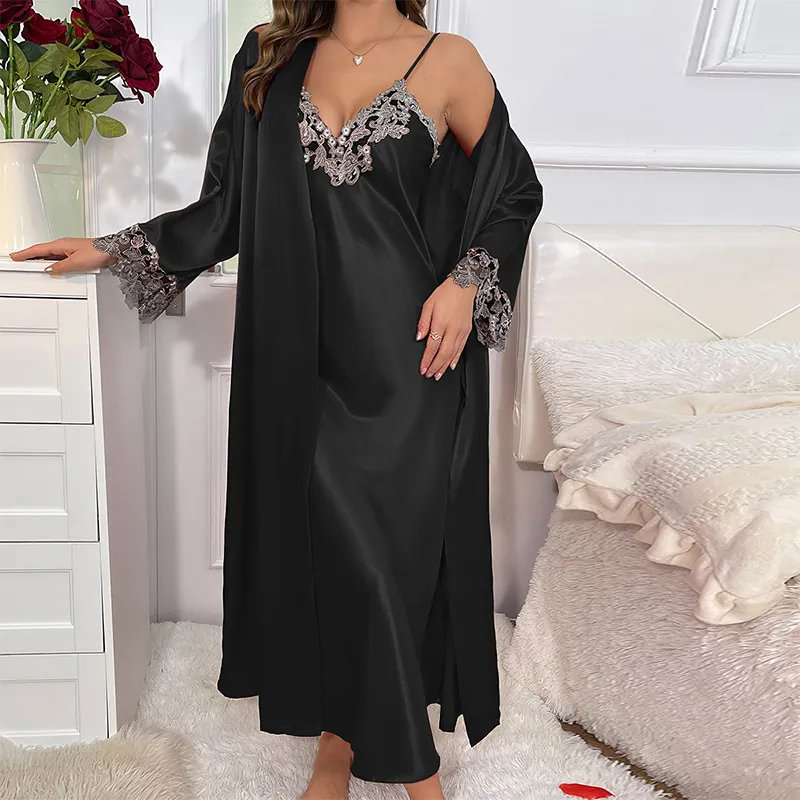 Women Satin Nightgown And Robe Imitation Satin Lace Trim V Neck Sleepwear Loungewear Elegant