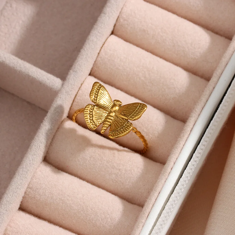 Butterfly Stainless Steel Ring 18K Gold Plated Adjustable Open Twisted Texture Fashion Jewelry For Women