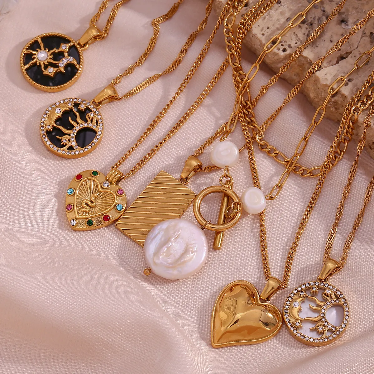 Stainless Steel 18K Gold Plated Pendant Necklace Retro Celestial Sun Moon Star Heart Evil Eye Shell Artificial Pearl Jewelry Women