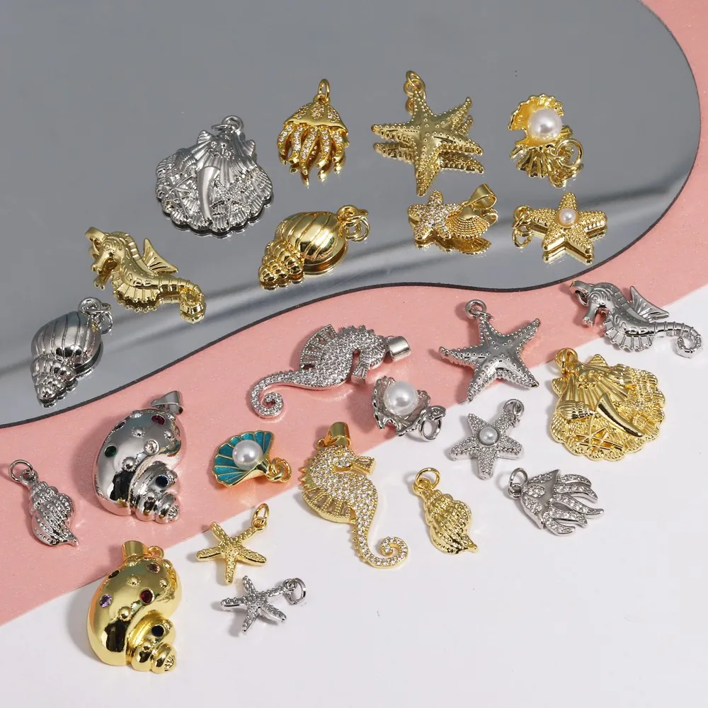 Pendentifs Thème Océan Cuivre Zircon Étoile De Mer Hippocampe Coquillage Pour Fabrication De Bijoux DIY Plaqué Or 18K