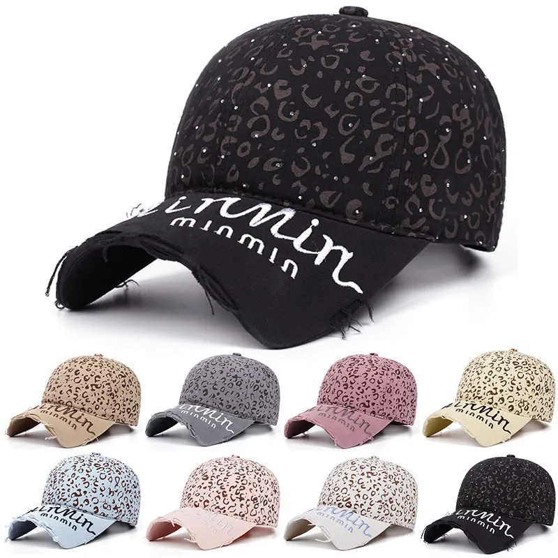 Cappello Da Baseball Stampa Leopardata Cotone Strass Effetto Consumato Ricamo Streetwear Moda Donne Uomini
